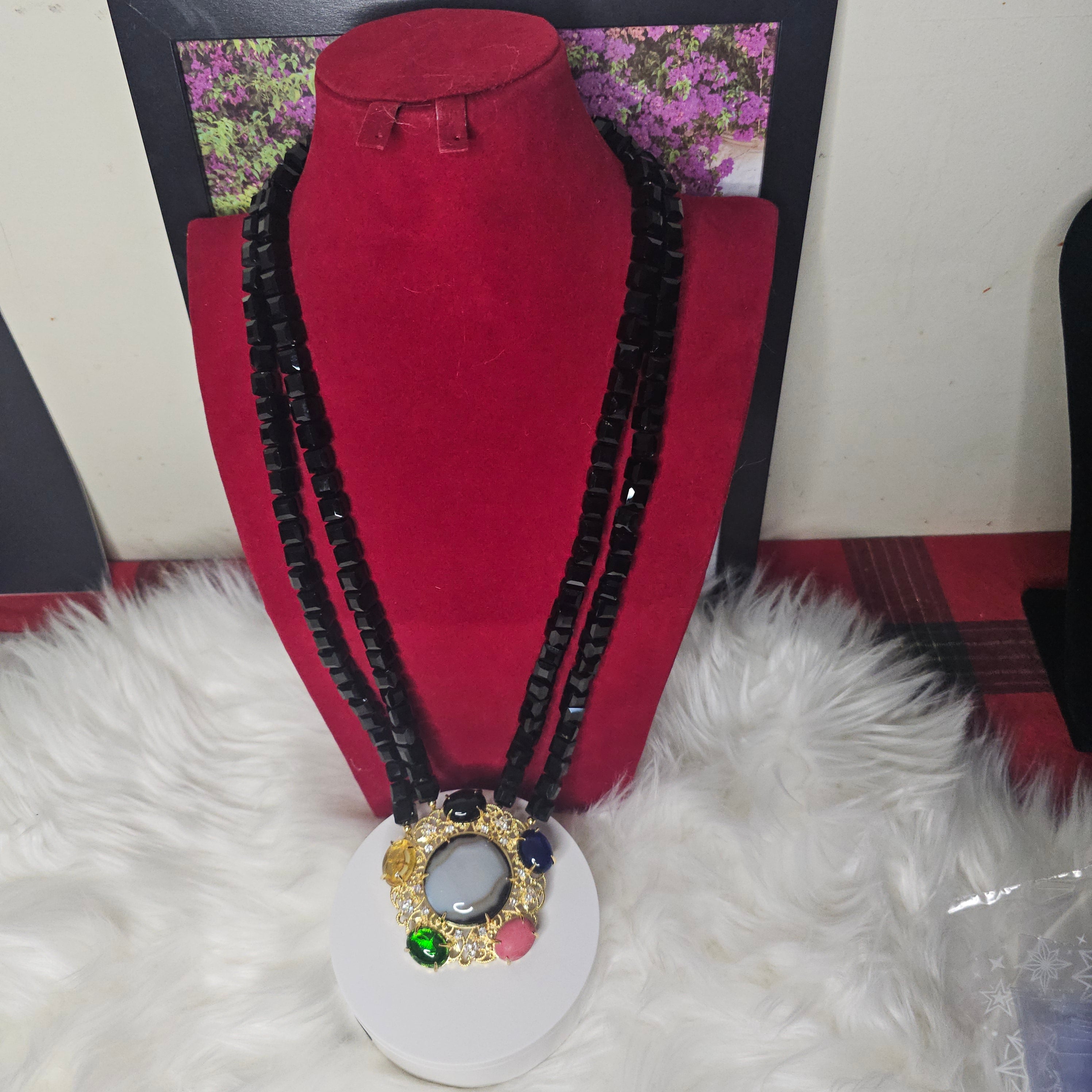 Long Black "throw on" necklace with Brooch