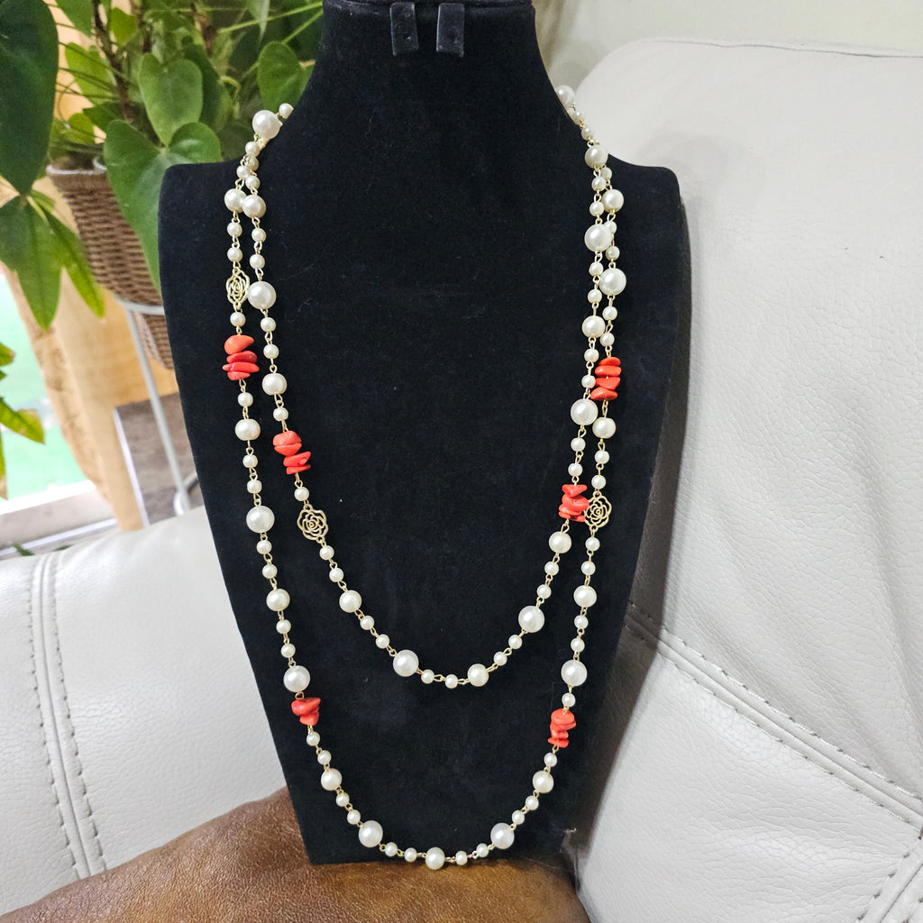 Pearl and Coral Gemstone Necklace
