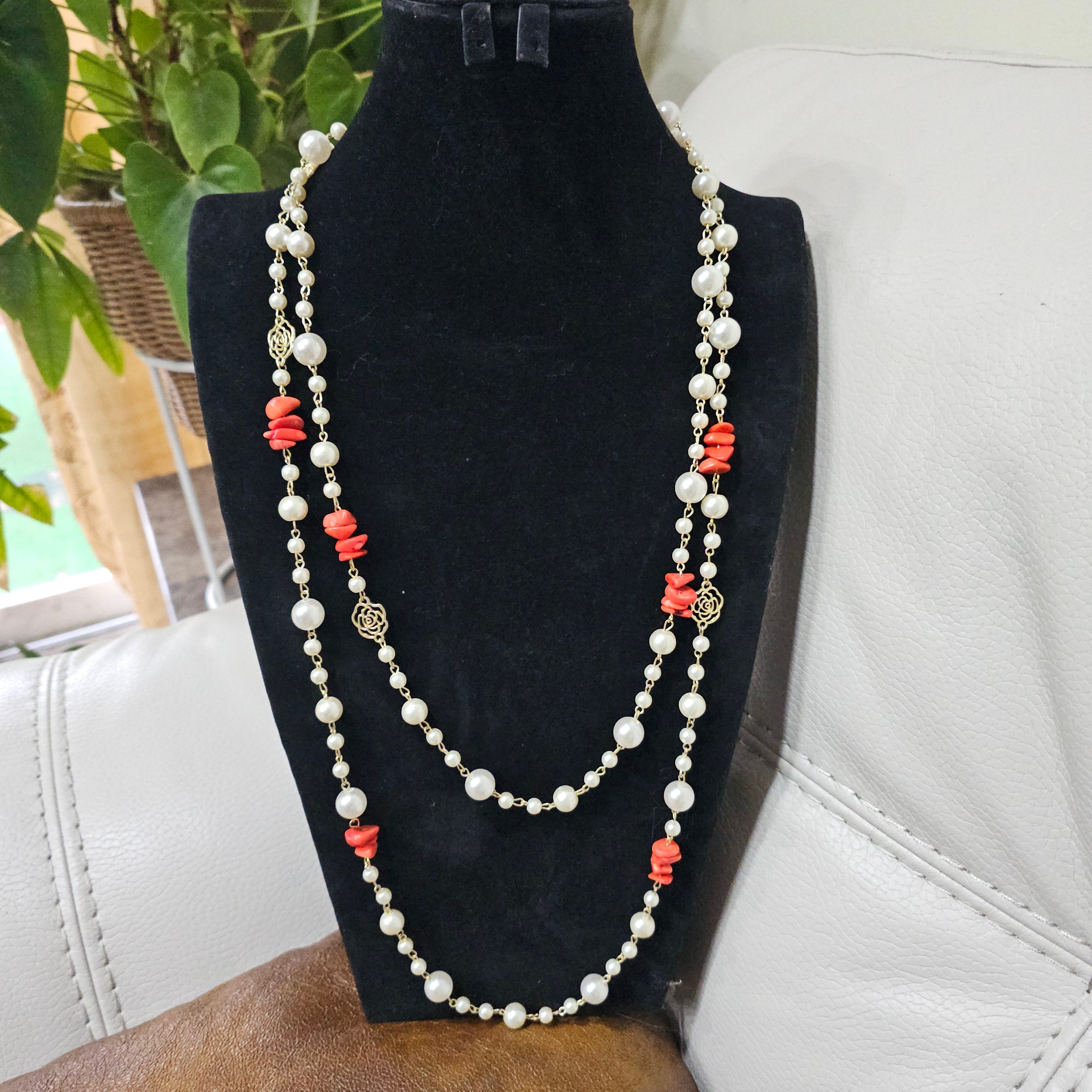 Pearl and Coral Gemstone Necklace