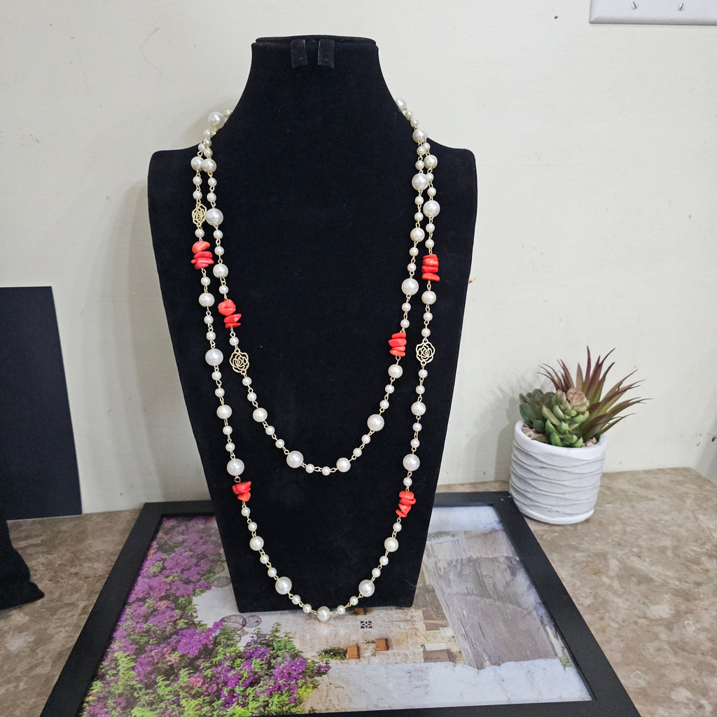 Pearl and Coral Gemstone Necklace