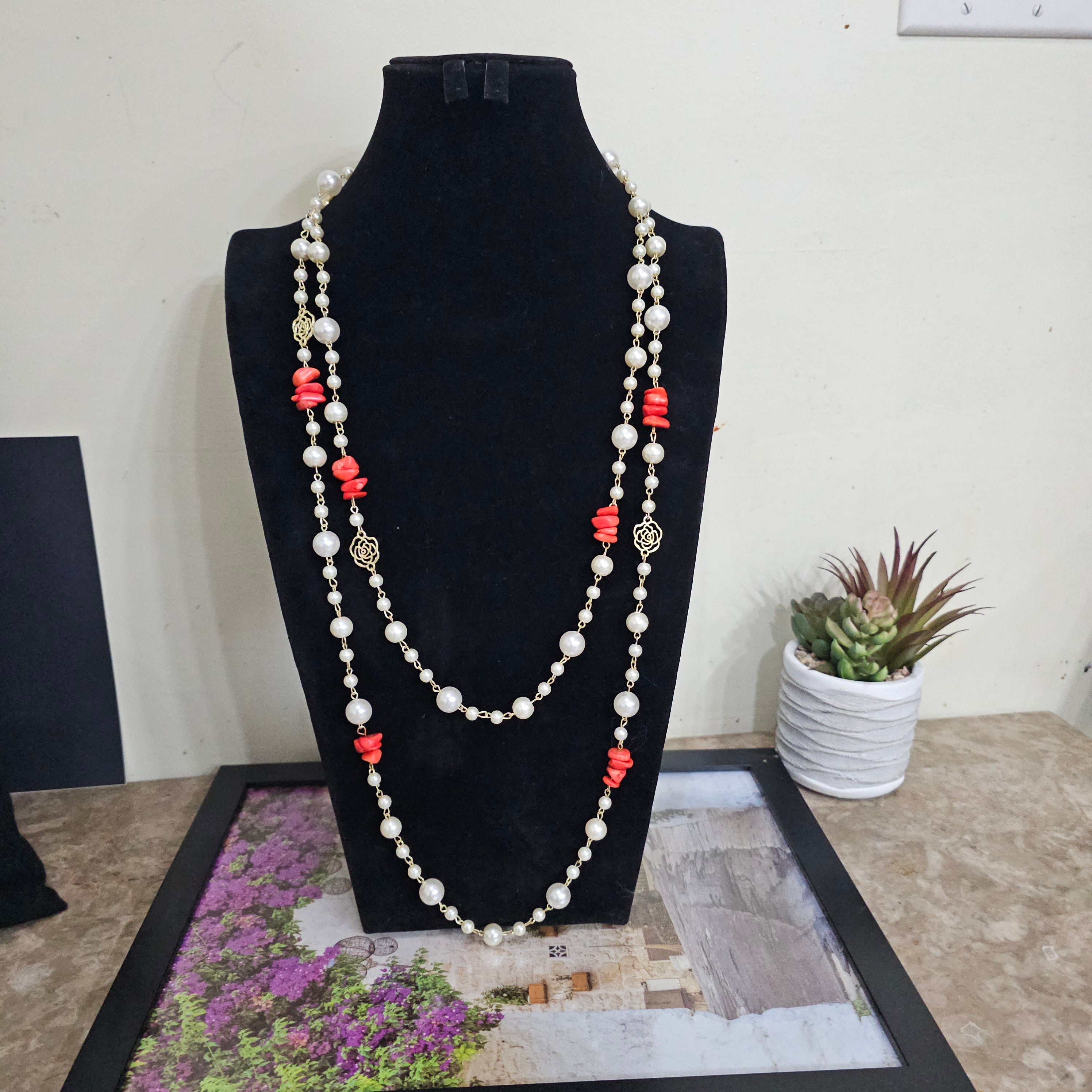 Pearl and Coral Gemstone Necklace