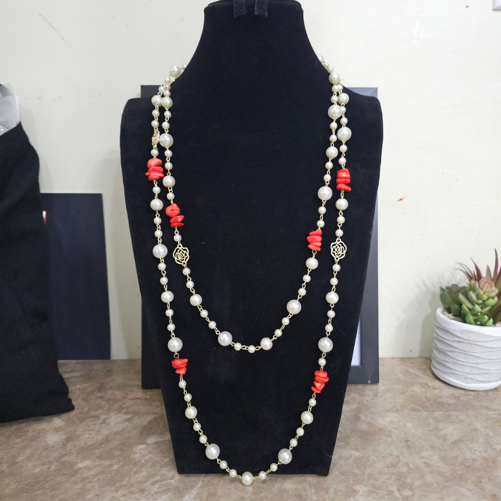 Pearl and Coral Gemstone Necklace