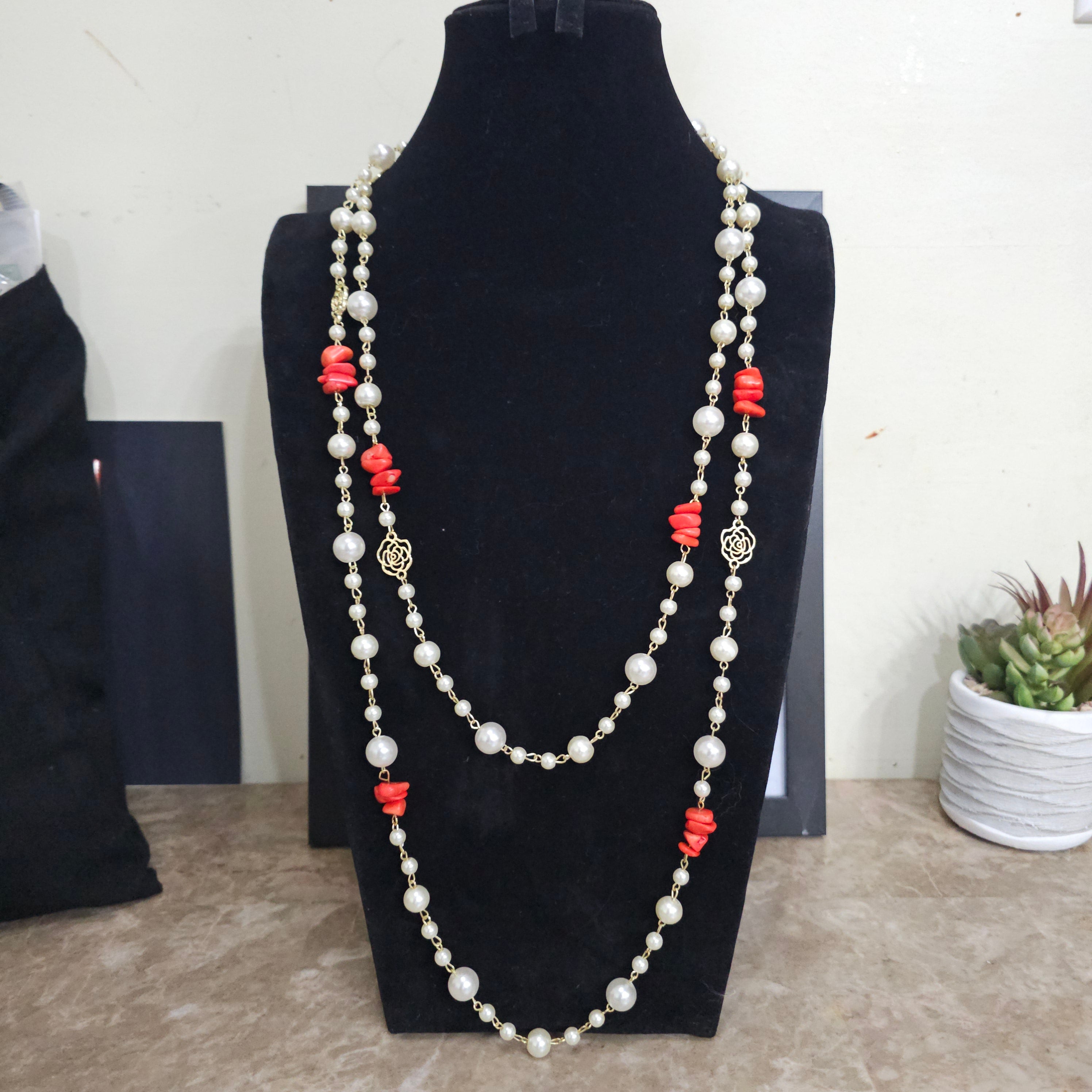 Pearl and Coral Gemstone Necklace
